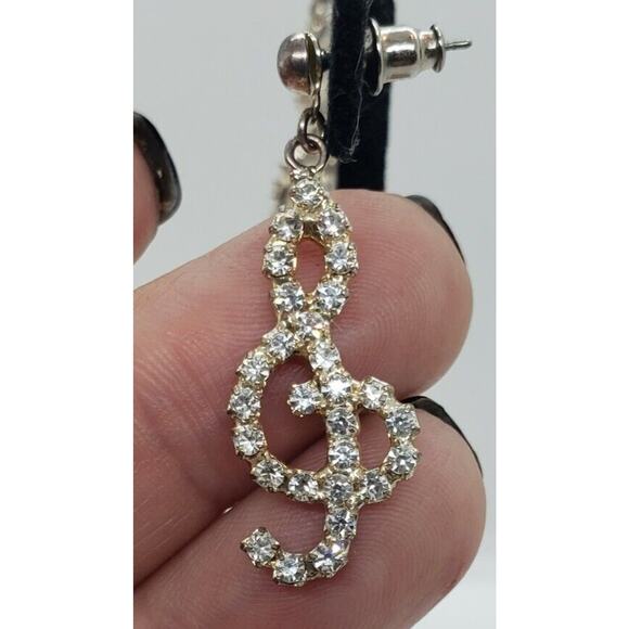 Vintage Earrings Music Note Rhinestone & Sterling Silver Musical Sing Singing - Picture 6 of 8